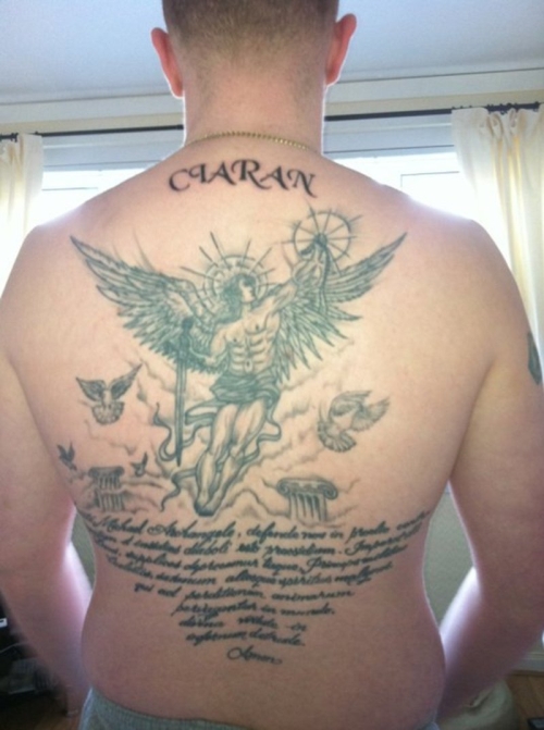 Cool Black Ink Archangel Michael With Prayer Tattoo On Man Full Back