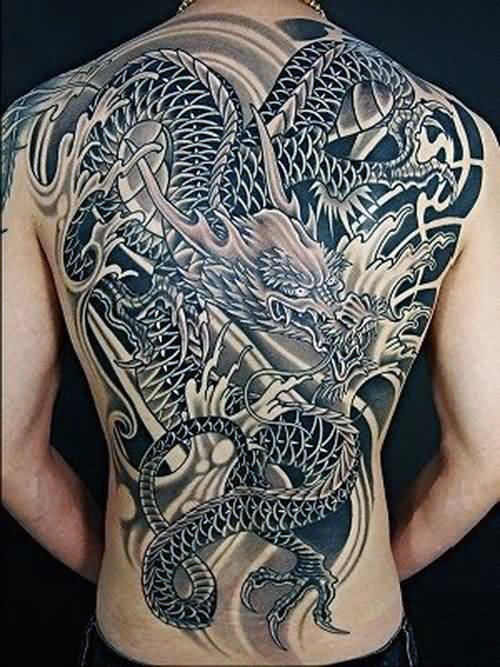 Cool Black Ink Chinese Dragon Tattoo On Man Full Back