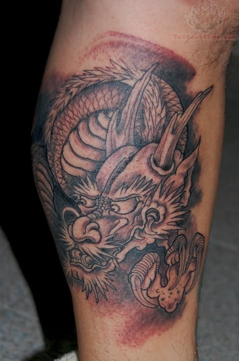 Cool Black Ink Dragon Tattoo Design For Leg Calf