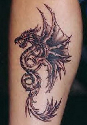 Cool Black Ink Dragon Tattoo Design For Leg