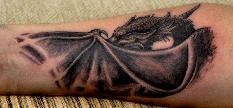 Cool Black Ink Dragon Tattoo On Forearm