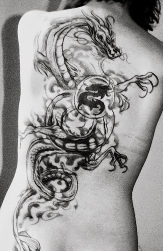 Cool Black Ink Dragon Tattoo On Girl Full Back