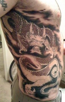 Cool Black Ink Dragon Tattoo On Man Right Side Rib