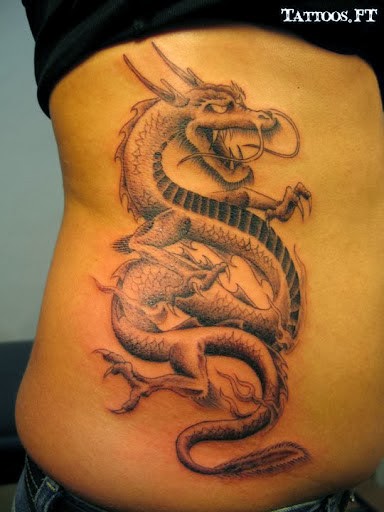 Cool Black Ink Dragon Tattoo On Right Side Rib