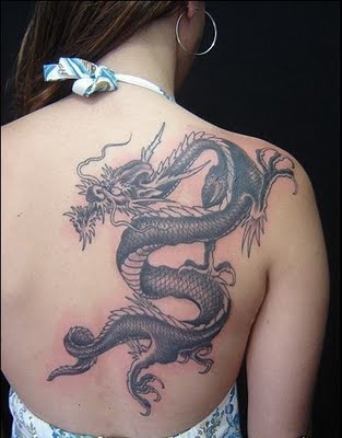 Cool Black Ink Dragon Tattoo On Women Right Back Shoulder