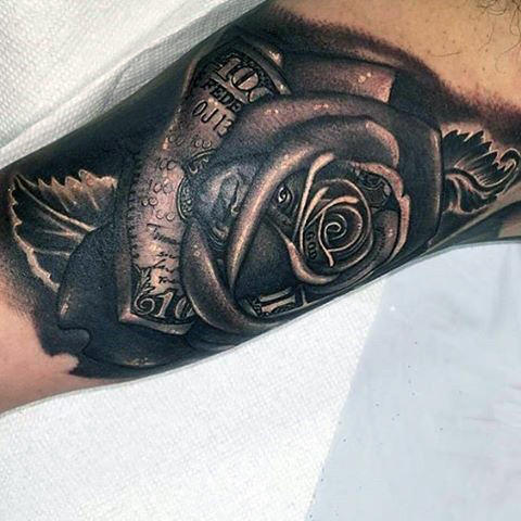 Cool Black Ink Money Rose Tattoo Design For Half Sleeve