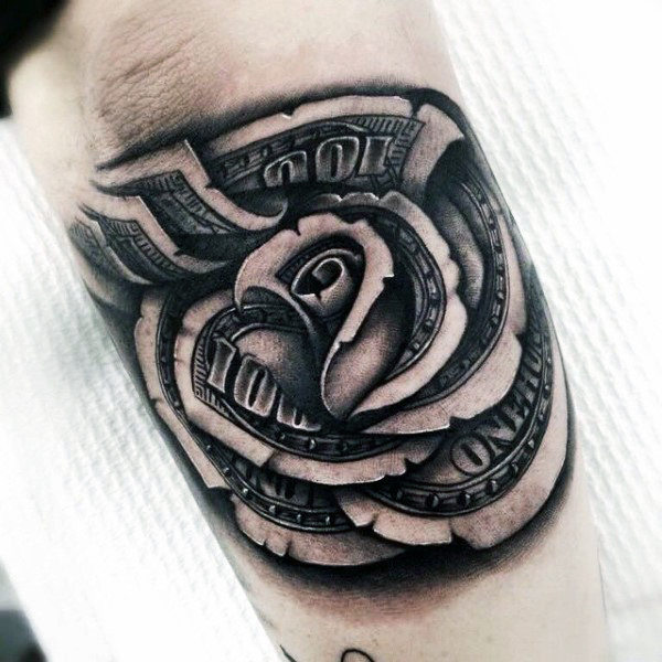 Cool Black Ink Money Rose Tattoo Design For Sleeve