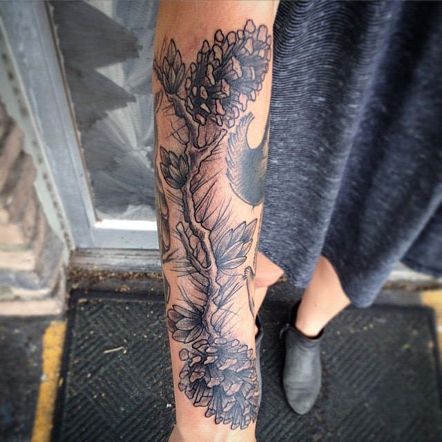 Cool Black Ink Pine Cone Tattoo On Right Arm