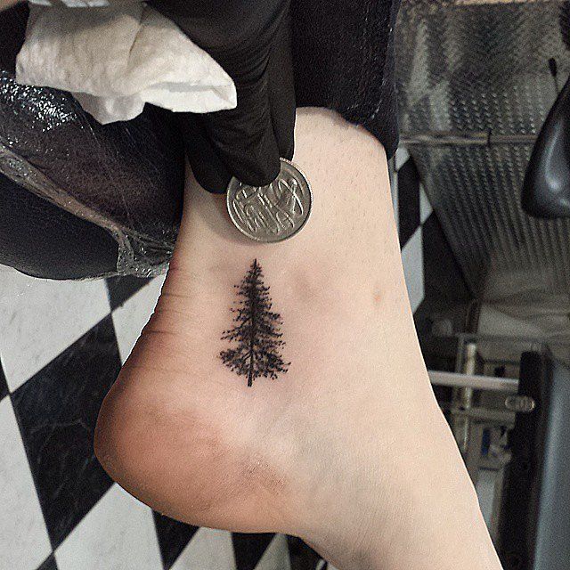 Cool Black Ink Pine Tree Tattoo On Right Ankle