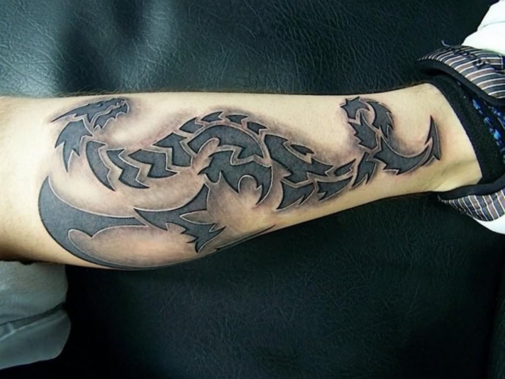 Cool Black Tribal Dragon Tattoo On Leg Calf