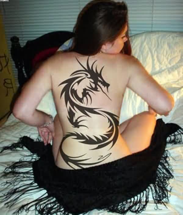 Cool Black Tribal Dragon Tattoo On Women Full Back By Lucile
