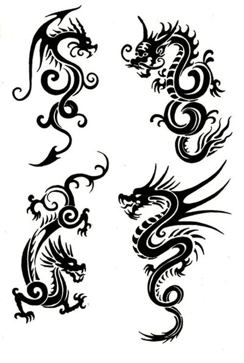 Cool Black Tribal Four Chinese Dragon Tattoo Stencil