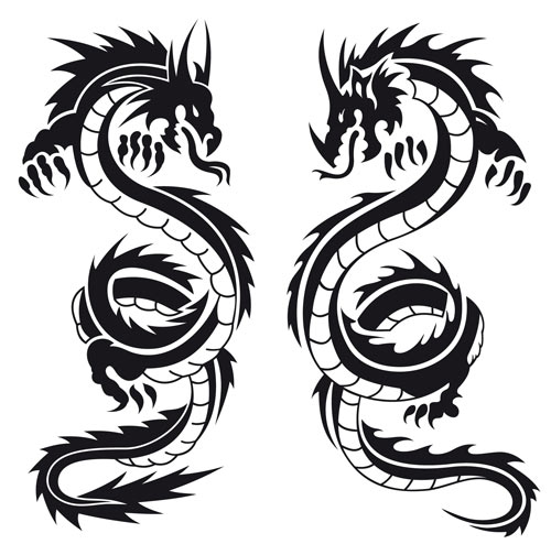 Cool Black Two Dragons Tattoo Stencil
