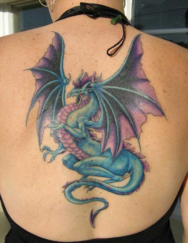 Cool Blue And Purple Dragon Tattoo On Girl Upper Back