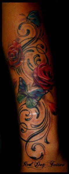 Cool Butterfly With Roses Tattoo On Full Sleeve