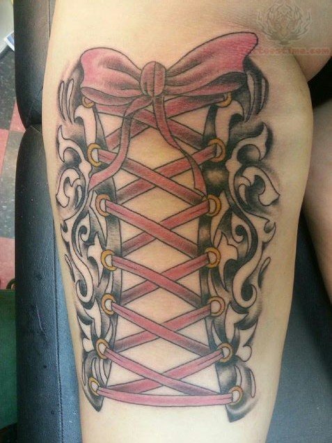 Cool Corset With Bow Tattoo Design For Leg Calf