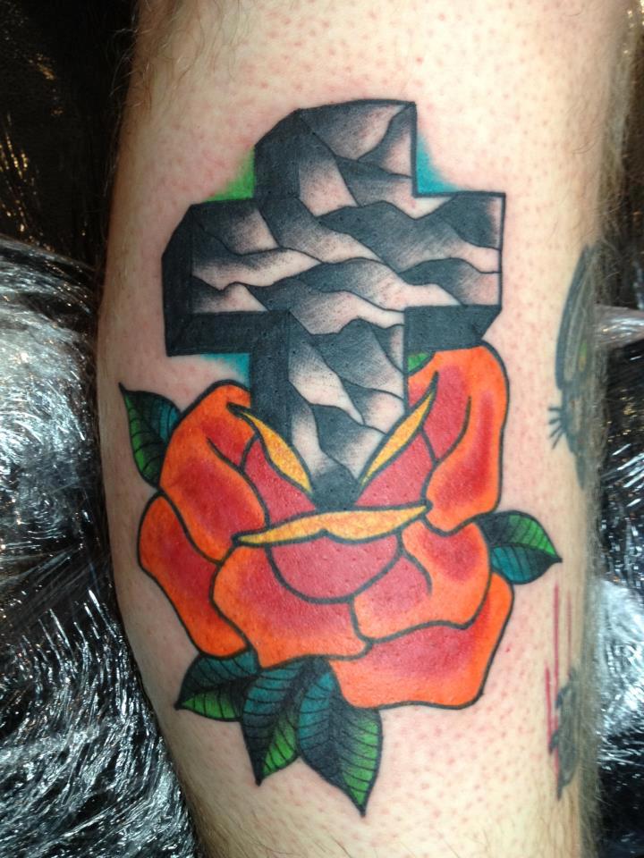 Cool Cross With Rose Tattoo On Leg Calf By Jay Thurley