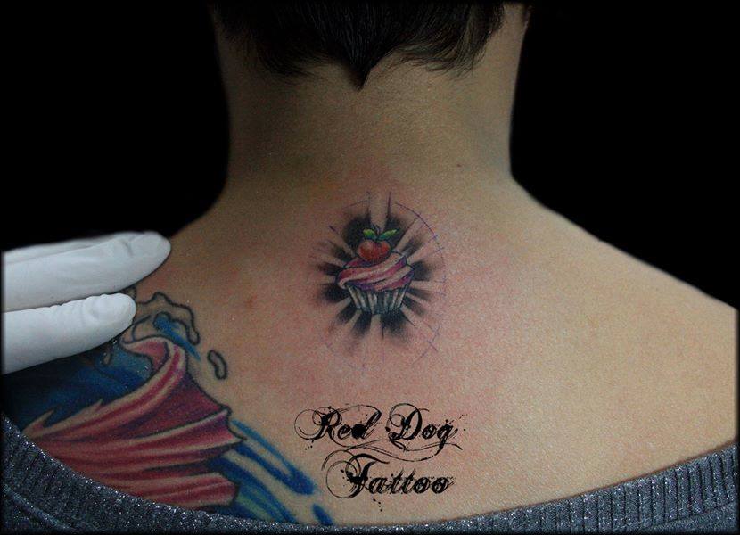 Cool Cupcake Tattoo On Back Neck