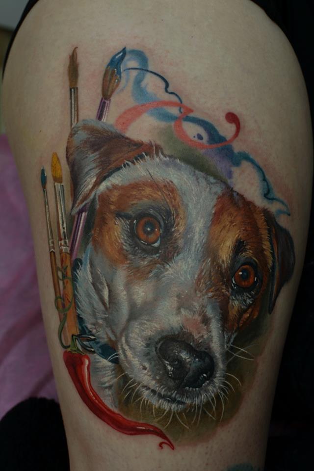 Cool Dog Head Portrait Tattoo Design For Half Sleeve By Dmitriy Samohin