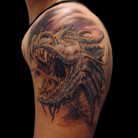 Cool Dragon Head Tattoo On Man Left Shoulder