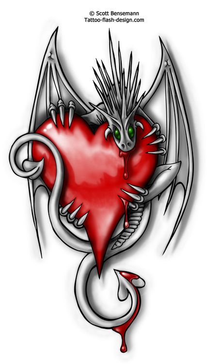 Cool Dragon With Red Heart Tattoo Design