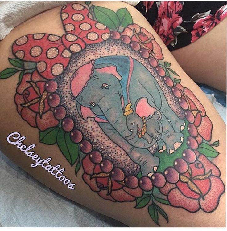Cool Dumbo With Mother In Frame Tattoo Design For Thigh