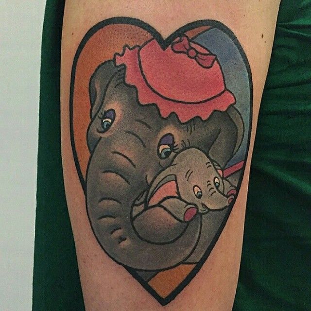 Cool Dumbo With Mother In Heart Frame Tattoo Design For Sleeve