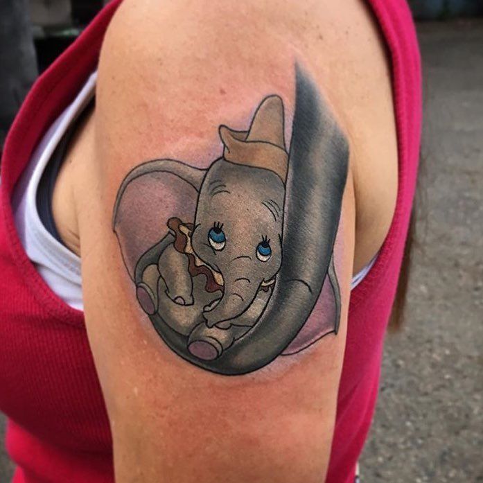 Cool Dumbo With Mother Tattoo On Women Left Shoulder