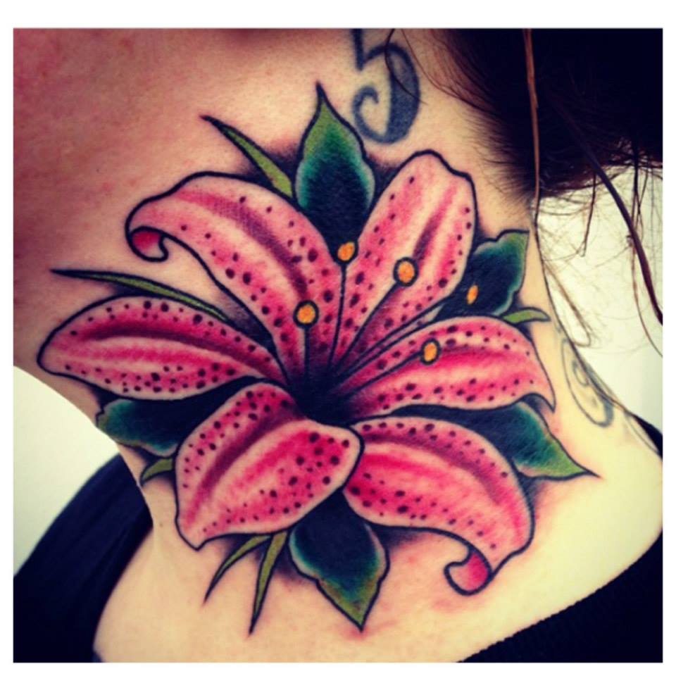 Cool Flower Tattoo On Women Side Neck