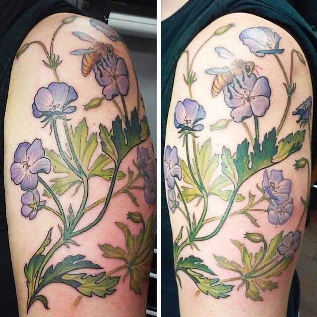 Cool Geranium Flowers With Bee Tattoo On Right Half Sleeve