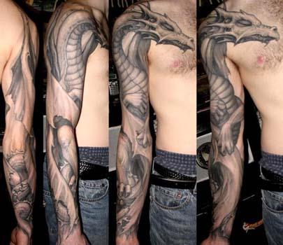 Cool Grey Ink Dragon Tattoo On Man Right Sleeve