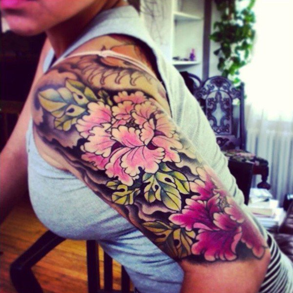 Cool Japanese Peony Flowers Tattoo On Women Left Half Sleeve
