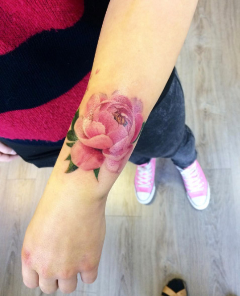 Cool Peony Flower Tattoo On Left Upper Wrist