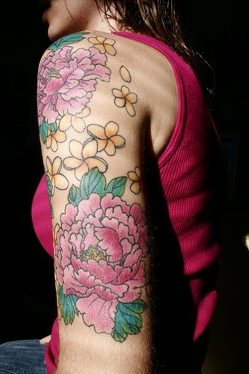 Cool Peony Flowers Tattoo On Women Left Half Sleeve