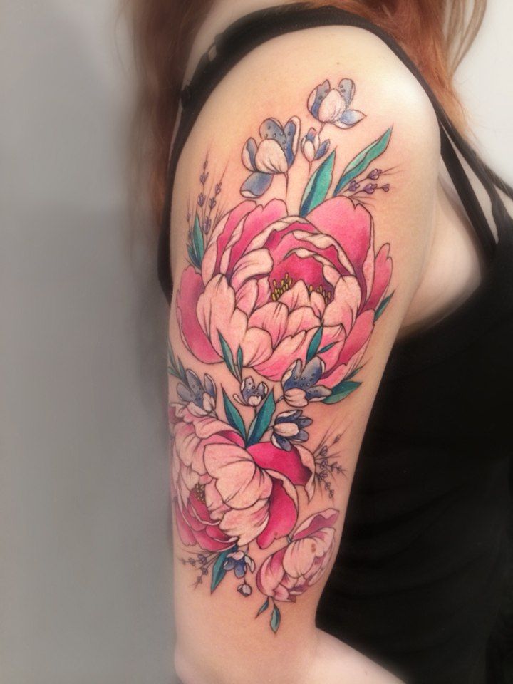 Cool Peony Flowers Tattoo On Women Right Half Sleeve