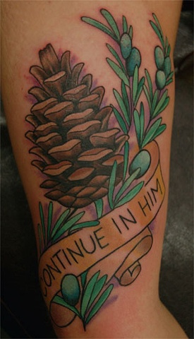 Cool Pine Cone With Banner Tattoo On Half Sleeve