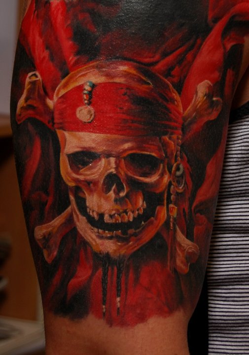Cool Pirate Danger Skull Tattoo On Right Half Sleeve