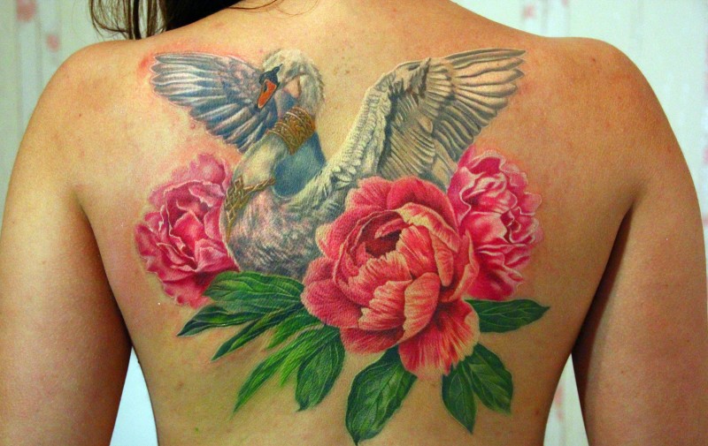 Cool Realistic Peony Flowers With Swan Tattoo On Women Upper Back
