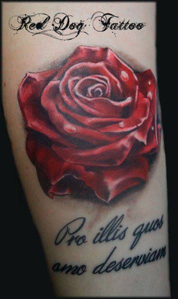 Cool Red Ink Rose Tattoo Design For Leg Calf