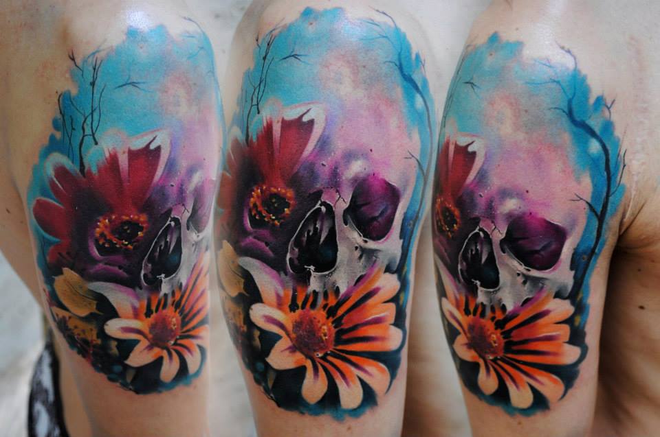 Cool Skull With Flowers Tattoo On Man Right Shoulder