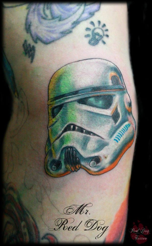 Cool Stormtrooper Head Tattoo On Sleeve
