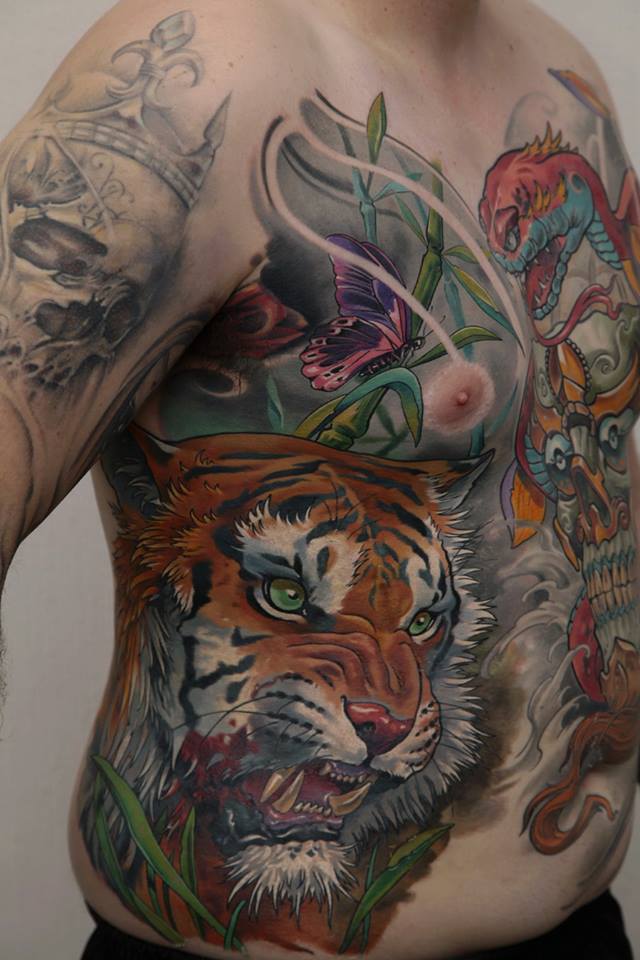 Cool Tiger Head Tattoo On Man Right Side Rib By Dmitriy Samohin