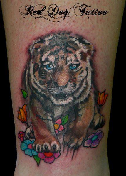 Cool Tiger With Flowers Tattoo Design For Leg