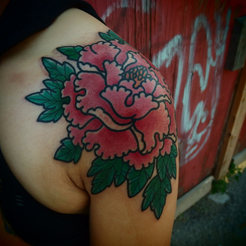 Cool Traditional Peony Flower Tattoo On Left Shoulder