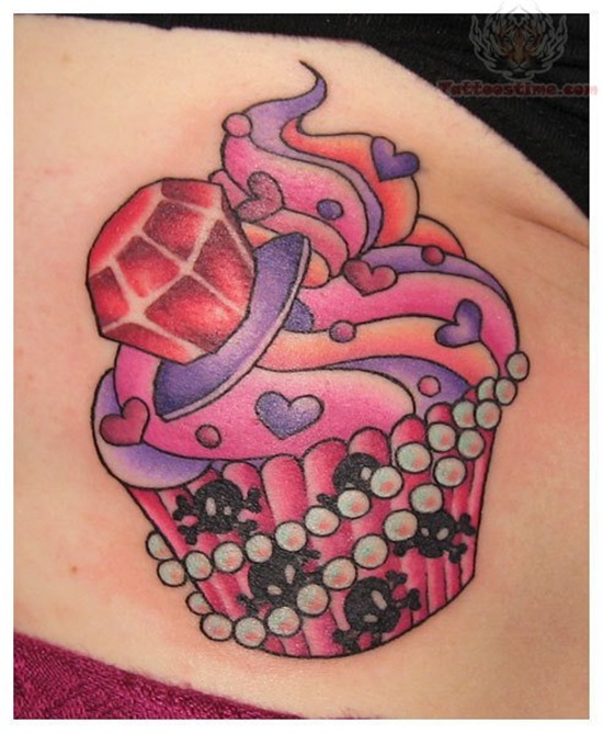 Cupcake And Red Diamond Tattoo On Shoulder