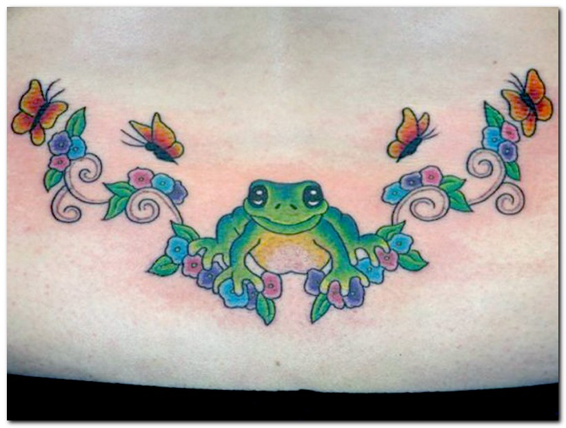 Cute Flowers And Frog Tattoo On Lower Back