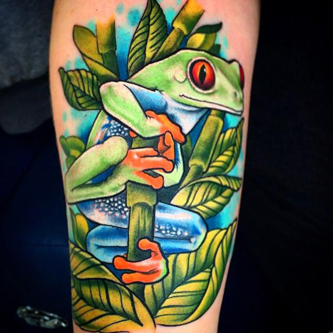 Cute Green Frog Tattoo On Arm Sleeve