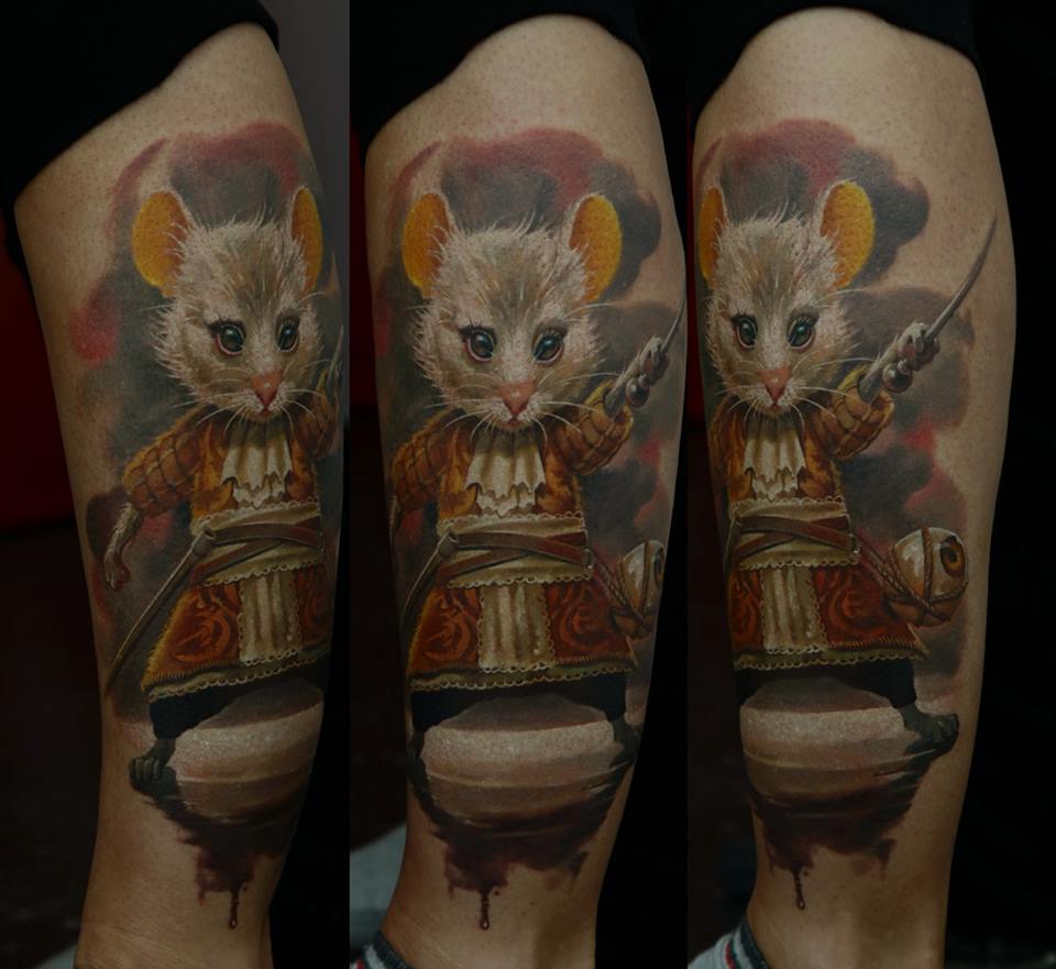 Cute Rat Tattoo On Left Leg By Dmitriy Samohin