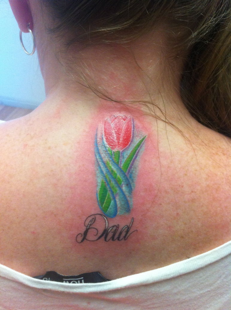 Dad Tulip Tattoo On Upper Back