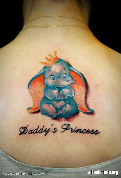 Daddy's Princess – Traditional Dumbo Tattoo On Women Upper Back